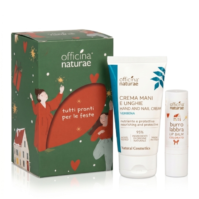 Tutti Pronti per le Feste - Kit regalo Burro Labbra Colorato e Crema Mani Verbena Officina Naturae